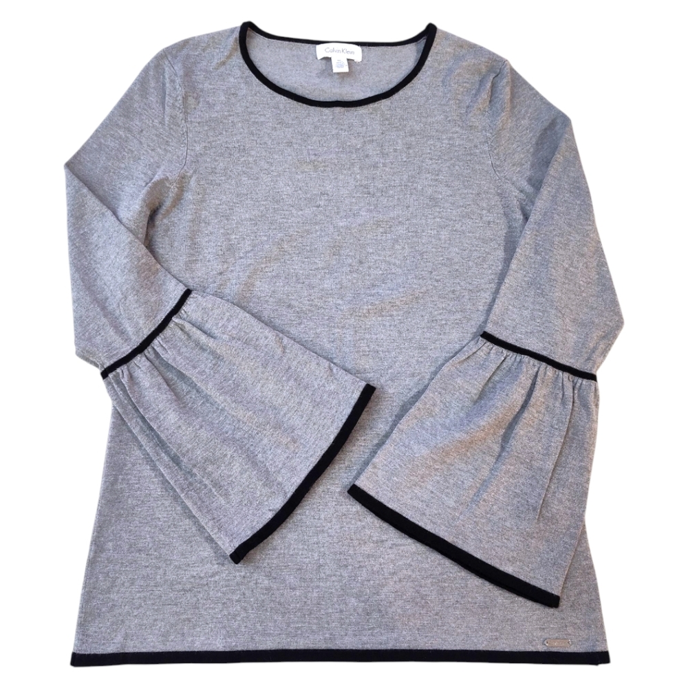 Calvin Klein Soft Gray Black Trim Bell Sleeve Lightweight Sweater Womens Medium - Picture 1 of 4